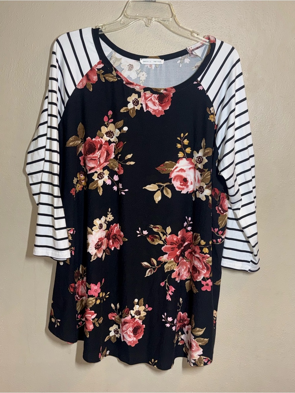Women’s Reborn J The Plus Black Floral & Black/White Striped Sleeves Raglan T 3X
